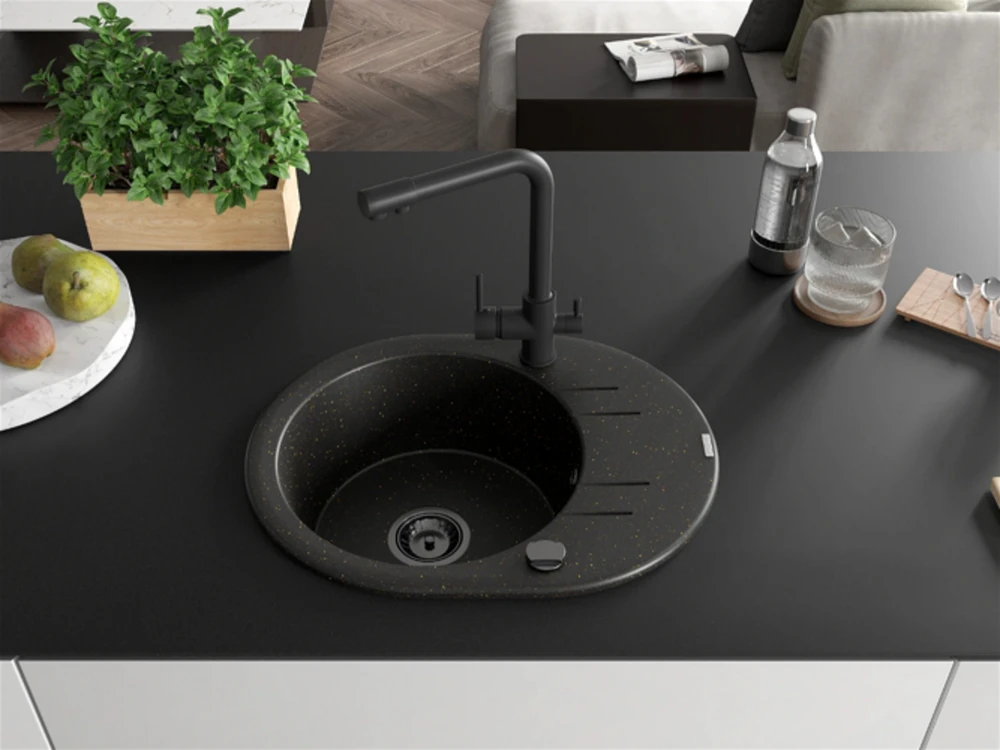 Granitinė virtuvinė plautuvė Mexen Kevin su maišytuvu ir sifonu, Metallic juodas/auksinis+Juodas(B)