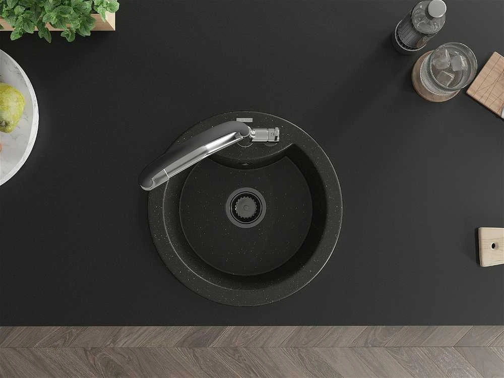 Granitinė virtuvinė plautuvė Mexen Diego su maišytuvu ir sifonu, Metallic juodas/auksinis+Juodas/Chrome