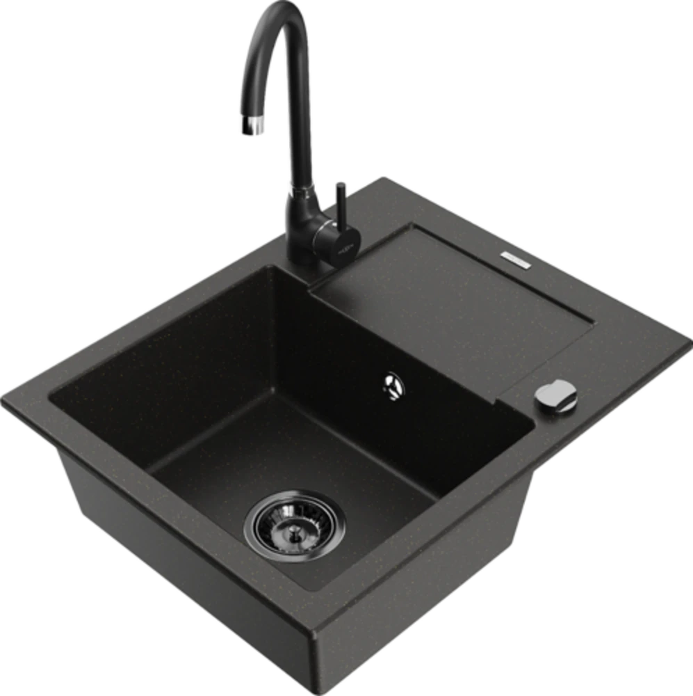Granitinė virtuvinė plautuvė Mexen Enzo su maišytuvu ir sifonu, Metallic juodas/auksinis+Juodas(B)