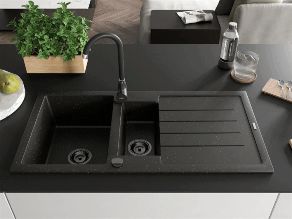 Granitinė virtuvinė plautuvė Mexen Andres su maišytuvu ir sifonu, Metallic juodas/auksinis+Juodas(B)