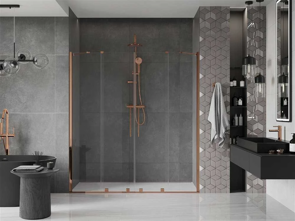Stumdomos dušo durys Mexen Velar DUO, Rose auksinis, 200 cm