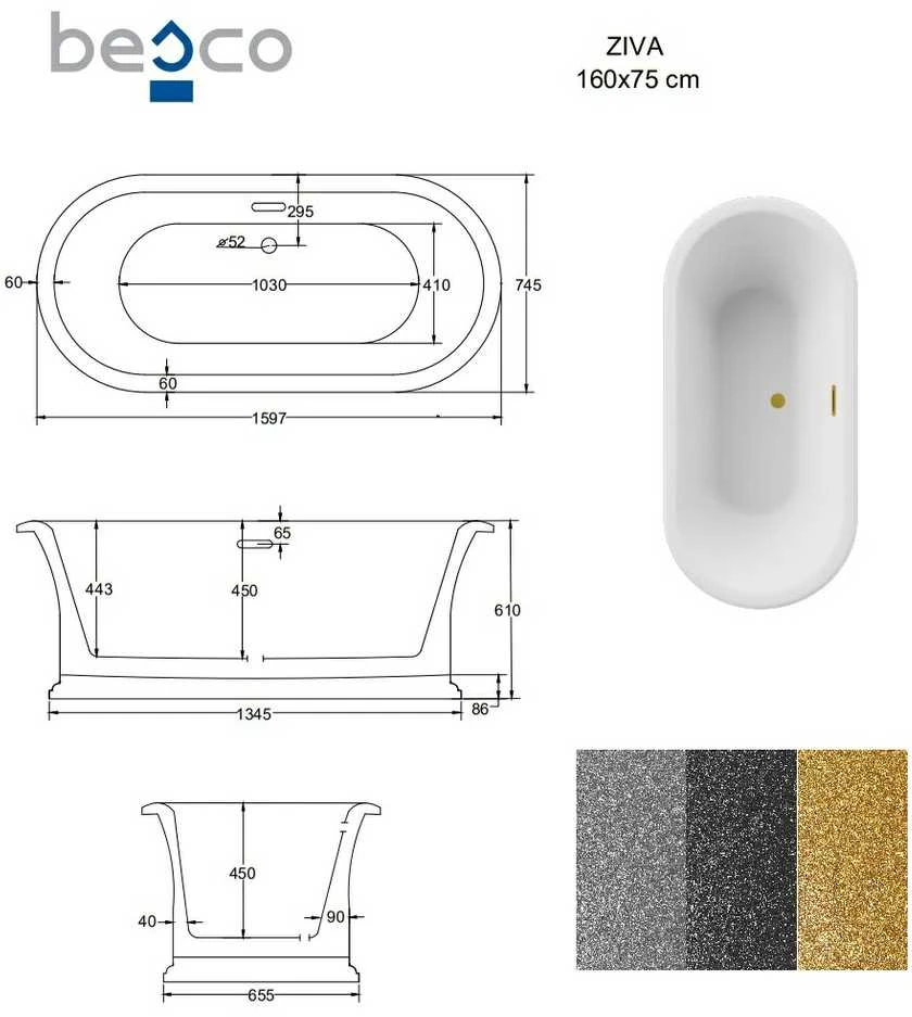 Vonia Besco Ziva Glam Sidabrinis, 160 x 75 cm, su sifonu su persipylimu slim auksinis