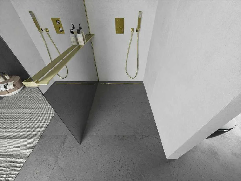 Walk-in dušo sienelė Mexen Kioto+ su lentynėle, Brushed auksinis/veidrodinis stiklas, 100 x 200 cm