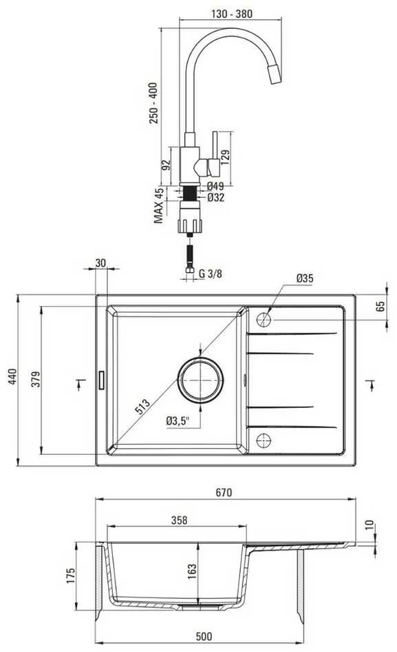 Granitinė virtuvinė plautuvė Deante Corio su maišytuvu, ZRCP2113, Graphite+Juodas/Steel