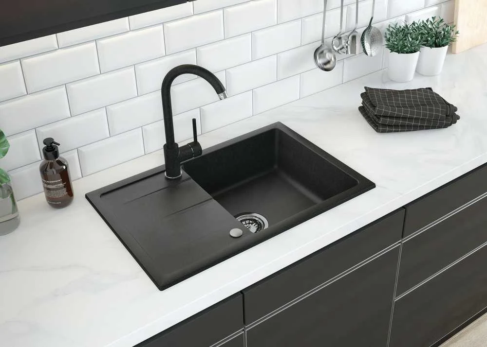 Granitinė virtuvinė plautuvė Deante Leda su maišytuvu, ZRDP2113, Graphite+Nero