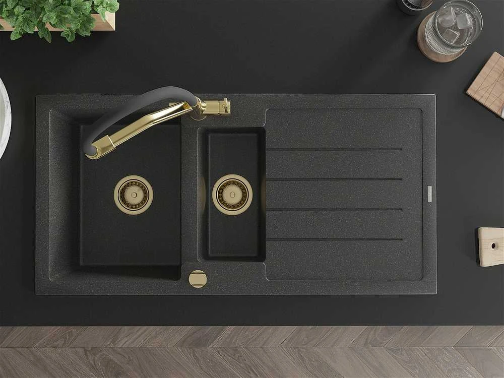 Granitinė virtuvinė plautuvė Mexen Andres su maišytuvu ir sifonu, Juodas granite+Juodas/Gold