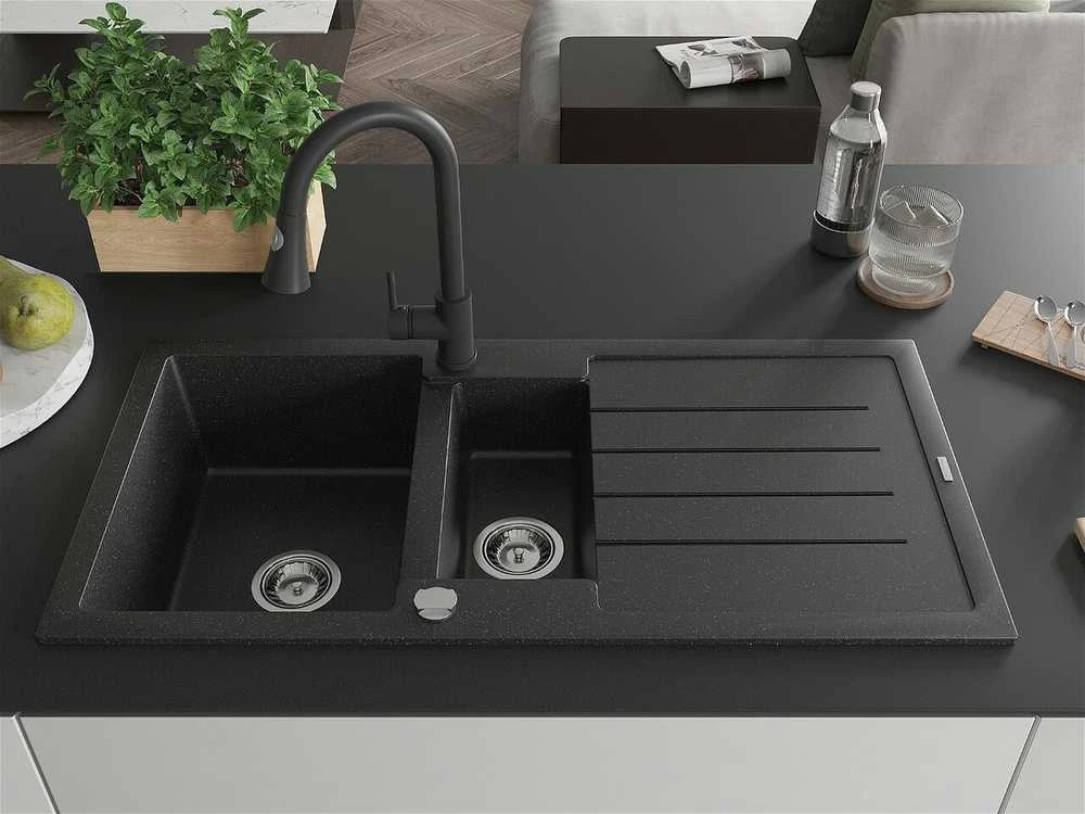 Granitinė virtuvinė plautuvė Mexen Andres su maišytuvu ir sifonu, Metallic juodas/sidabrinis+Juodas