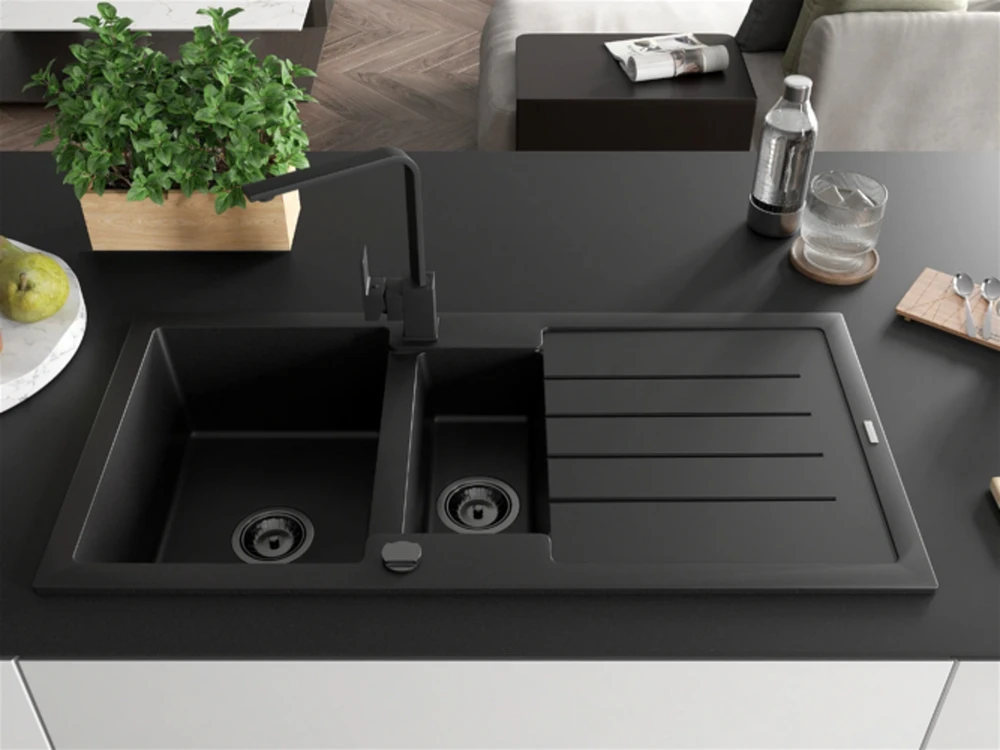 Granitinė virtuvinė plautuvė Mexen Andres su maišytuvu ir sifonu, Juodas(B)