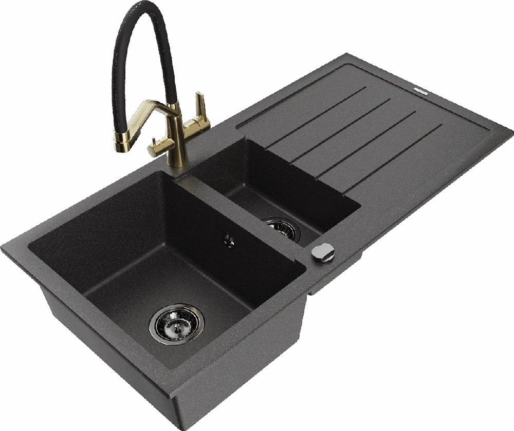 Granitinė virtuvinė plautuvė Mexen Andres su maišytuvu ir sifonu, Juodas granite+Juodas/Gold