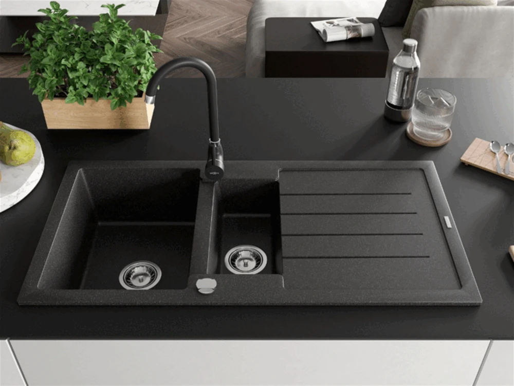 Granitinė virtuvinė plautuvė Mexen Andres su maišytuvu ir sifonu, Juodas granite+Juodas