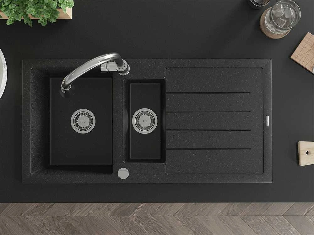 Granitinė virtuvinė plautuvė Mexen Andres su maišytuvu ir sifonu, Metallic juodas/sidabrinis+Chrome