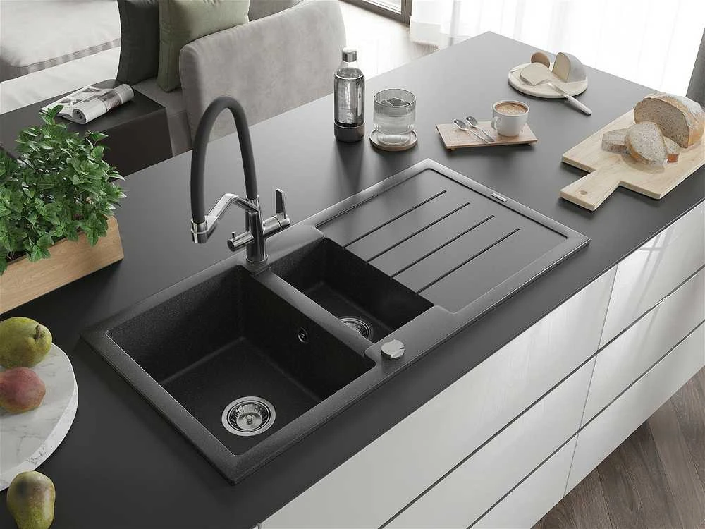 Granitinė virtuvinė plautuvė Mexen Andres su maišytuvu ir sifonu, Juodas granite+Juodas/Chrome