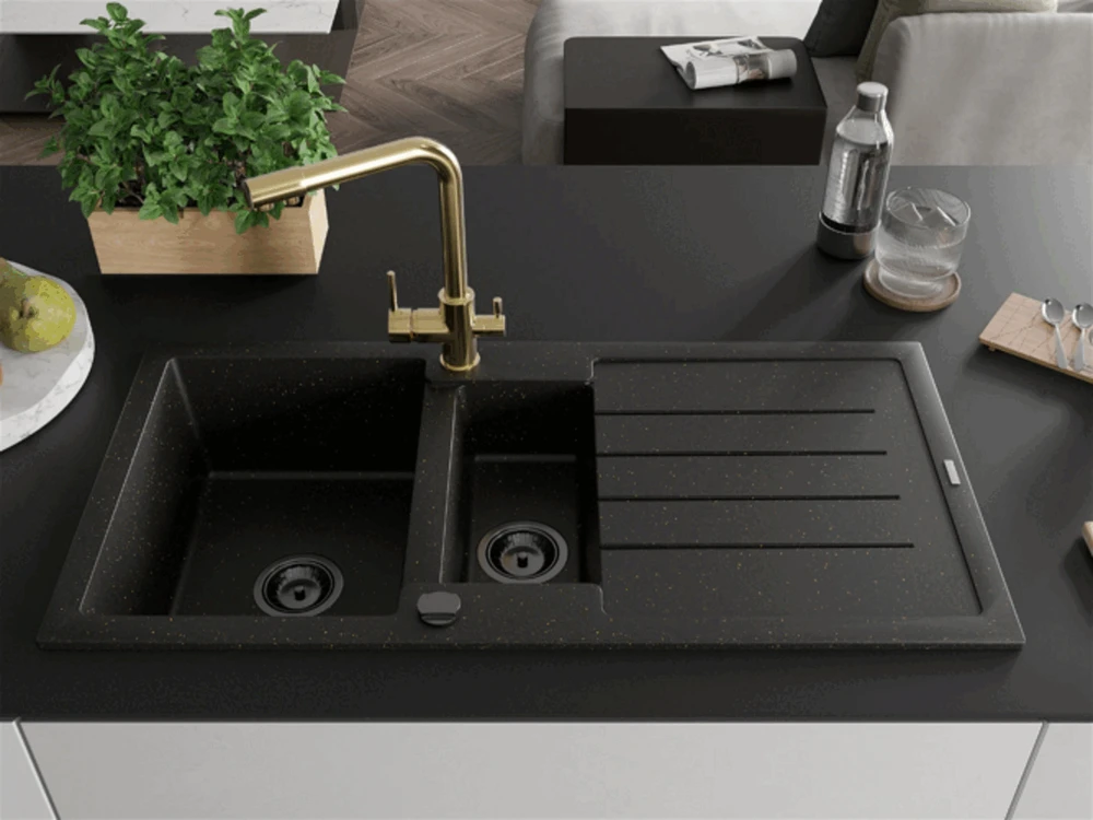 Granitinė virtuvinė plautuvė Mexen Andres su maišytuvu ir sifonu, Metallic juodas/auksinis+Gold(B)