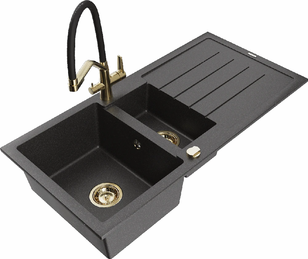 Granitinė virtuvinė plautuvė Mexen Andres su maišytuvu ir sifonu, Juodas granite+Juodas/Gold
