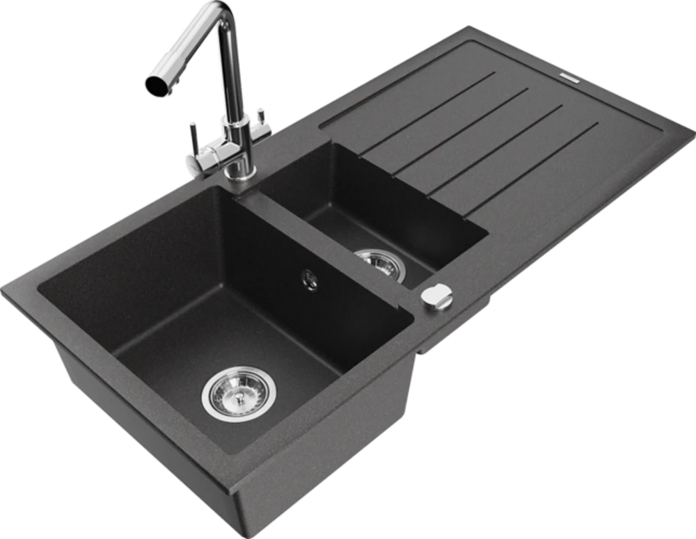Granitinė virtuvinė plautuvė Mexen Andres su maišytuvu ir sifonu, Juodas granite+Chrome