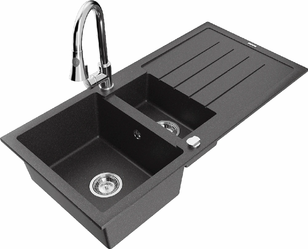 Granitinė virtuvinė plautuvė Mexen Andres su maišytuvu ir sifonu, Juodas granite+Chrome