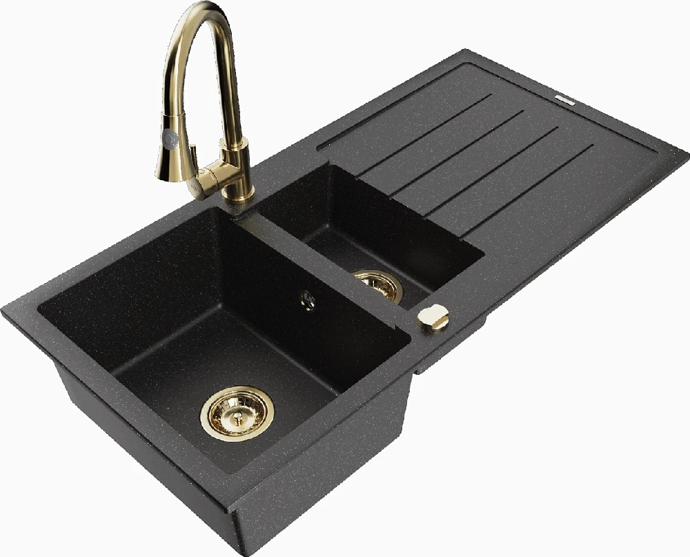 Granitinė virtuvinė plautuvė Mexen Andres su maišytuvu ir sifonu, Metallic juodas/sidabrinis+Gold