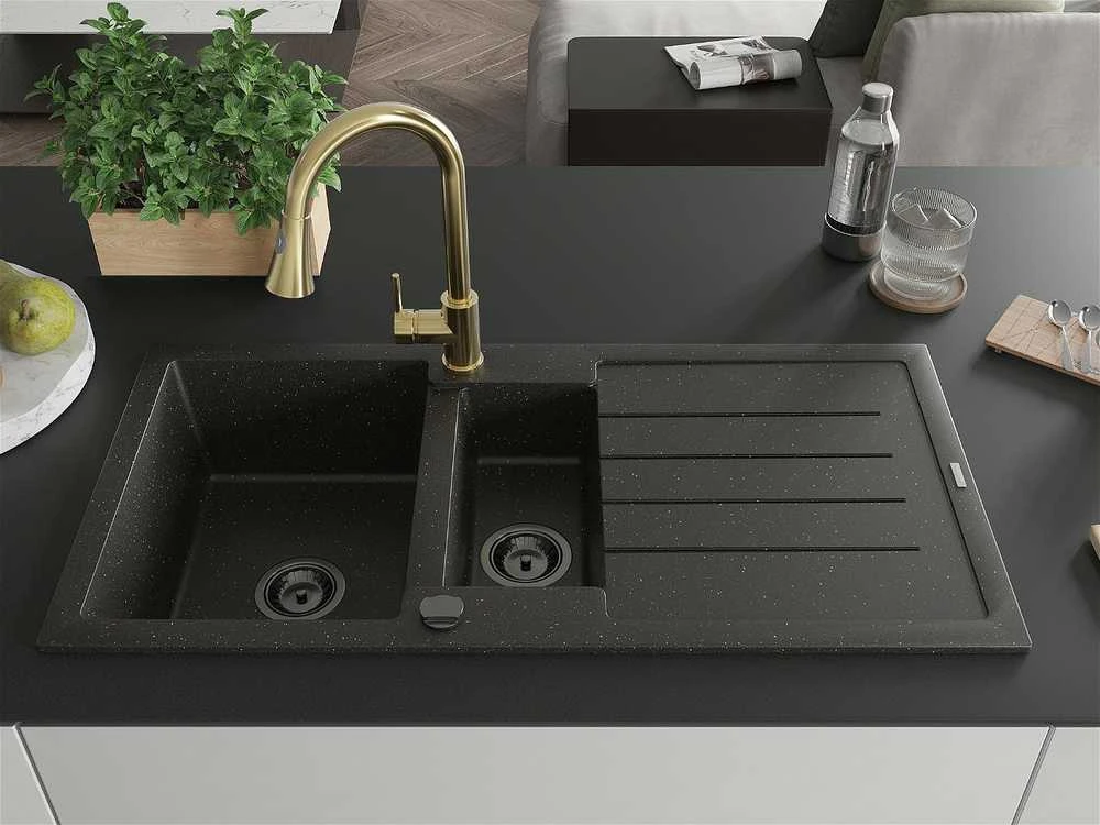 Granitinė virtuvinė plautuvė Mexen Andres su maišytuvu ir sifonu, Metallic juodas/auksinis+Gold