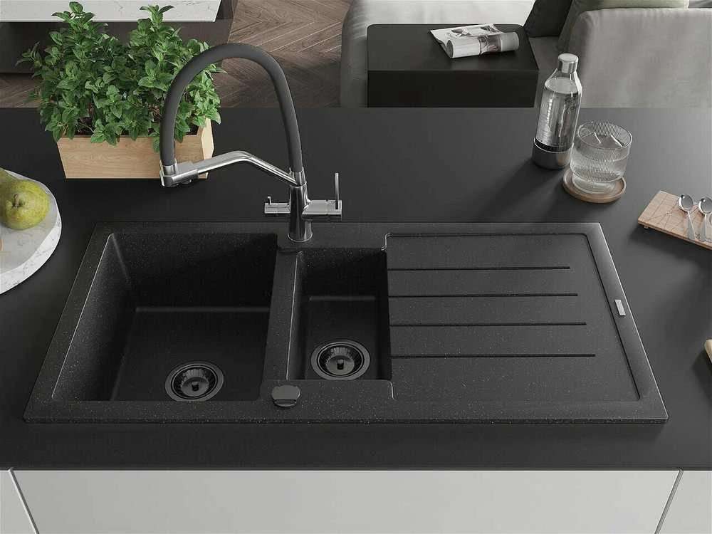 Granitinė virtuvinė plautuvė Mexen Andres su maišytuvu ir sifonu, Metallic juodas/sidabrinis+Juodas/Chrome