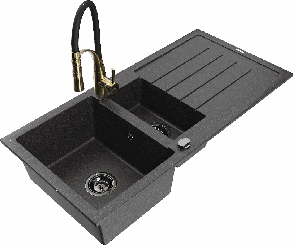 Granitinė virtuvinė plautuvė Mexen Andres su maišytuvu ir sifonu, Juodas granite+Juodas/Gold