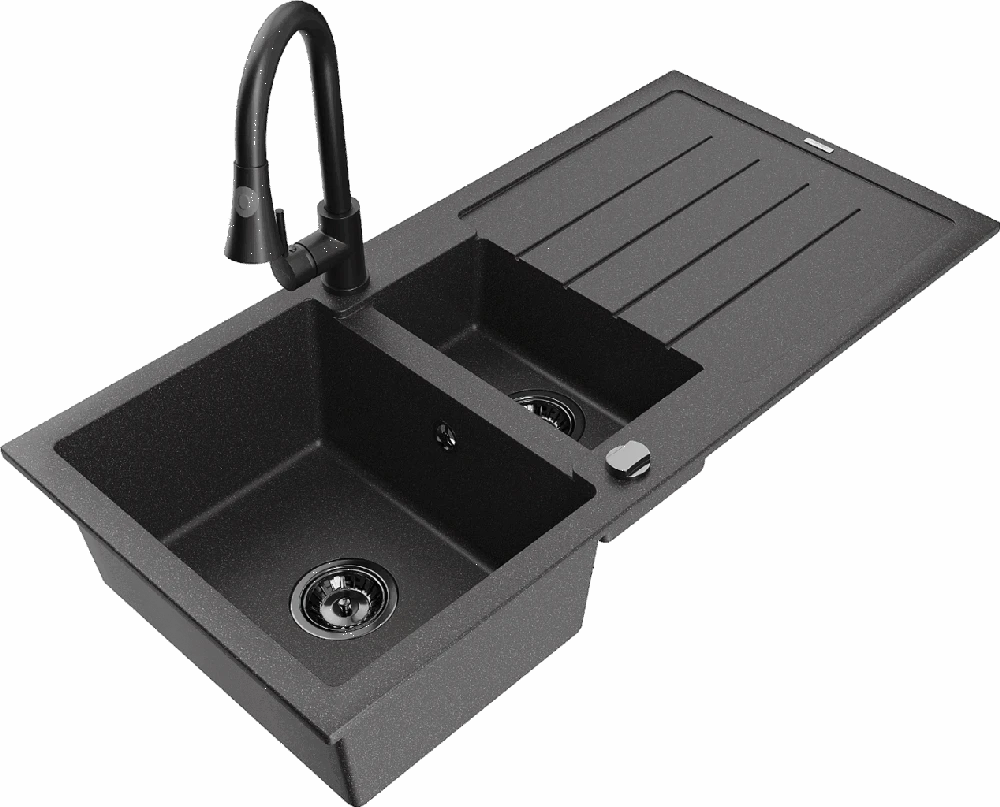 Granitinė virtuvinė plautuvė Mexen Andres su maišytuvu ir sifonu, Juodas granite+Juodas
