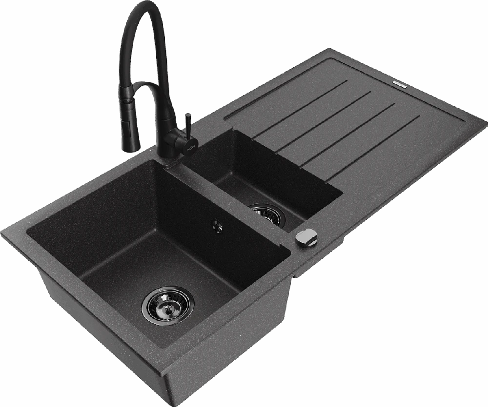 Granitinė virtuvinė plautuvė Mexen Andres su maišytuvu ir sifonu, Juodas granite+Juodas