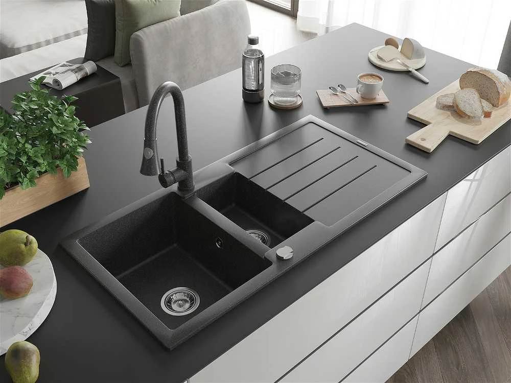 Granitinė virtuvinė plautuvė Mexen Andres su maišytuvu ir sifonu, Juodas granite