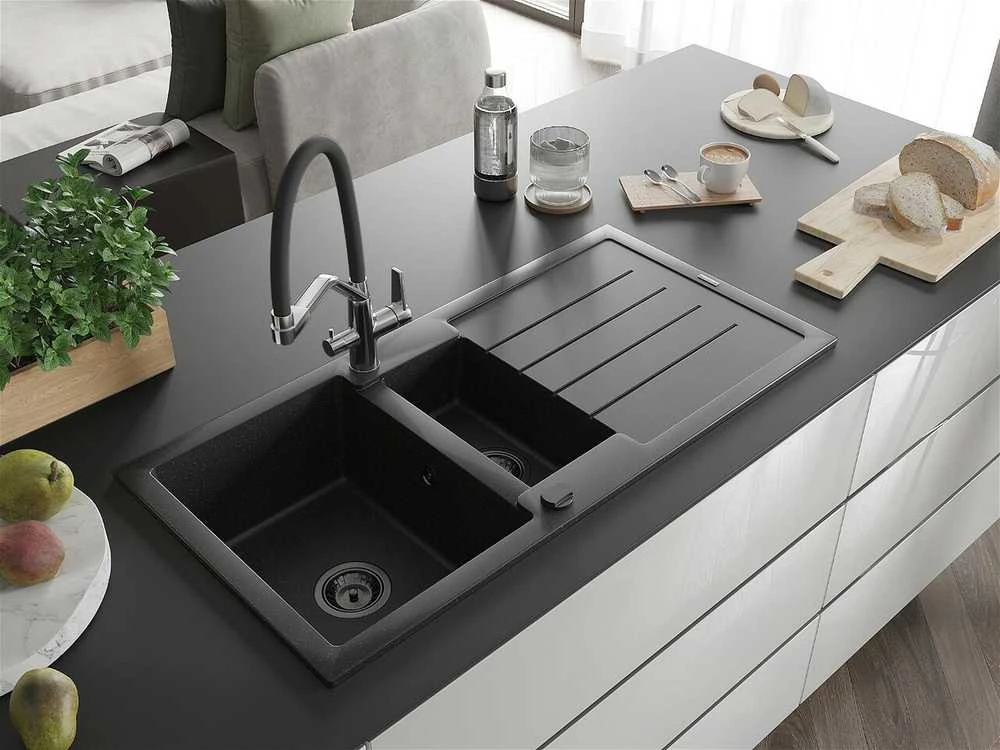 Granitinė virtuvinė plautuvė Mexen Andres su maišytuvu ir sifonu, Metallic juodas/sidabrinis+Juodas/Chrome