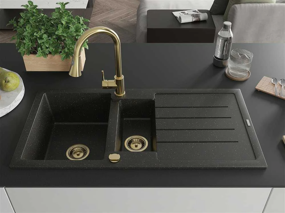Granitinė virtuvinė plautuvė Mexen Andres su maišytuvu ir sifonu, Metallic juodas/auksinis+Gold