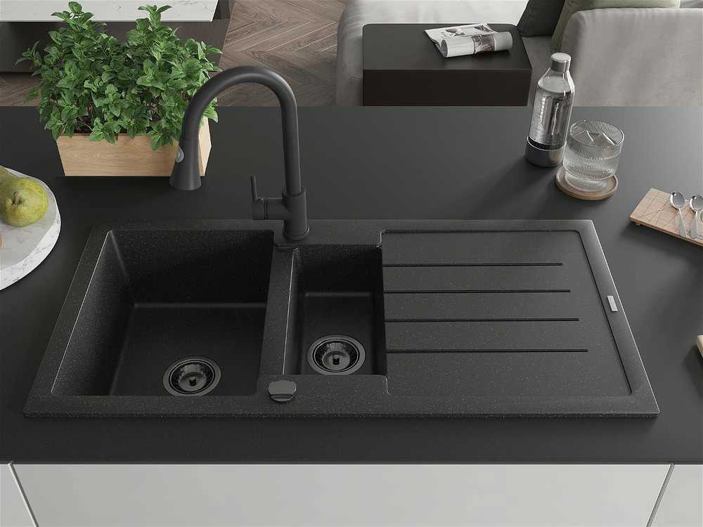 Granitinė virtuvinė plautuvė Mexen Andres su maišytuvu ir sifonu, Metallic juodas/sidabrinis+Juodas