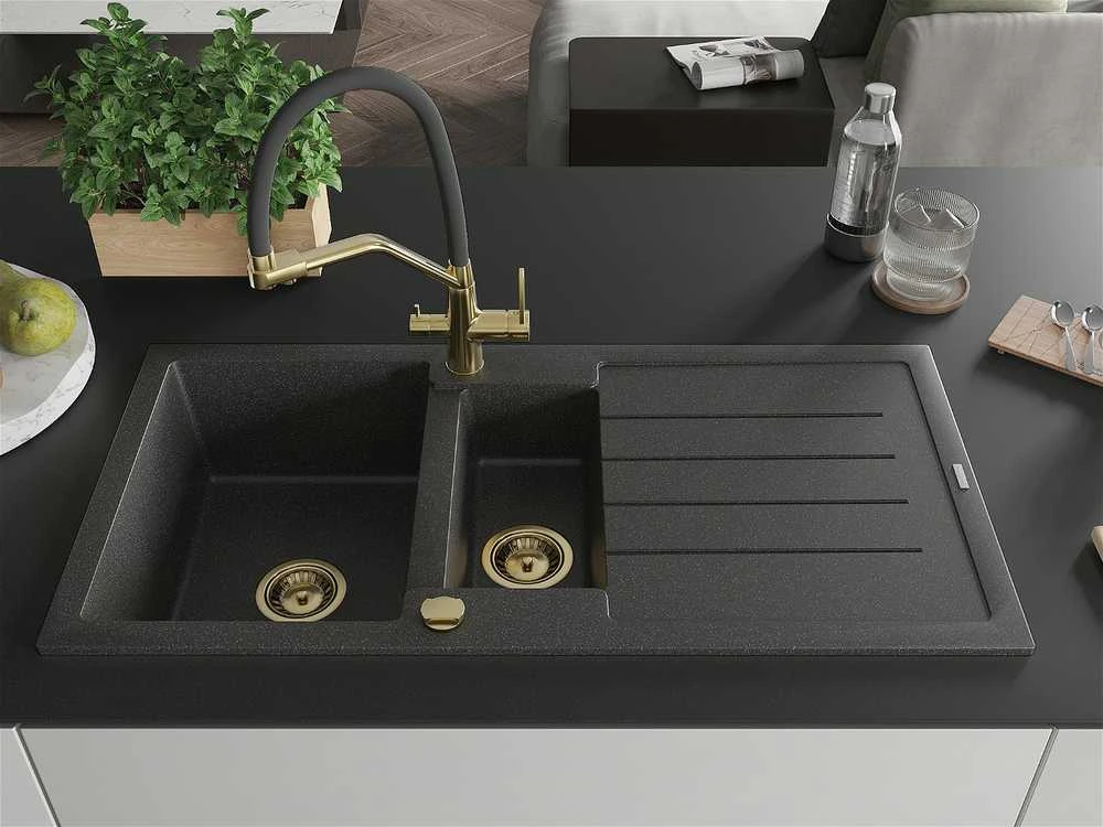 Granitinė virtuvinė plautuvė Mexen Andres su maišytuvu ir sifonu, Juodas granite+Juodas/Gold