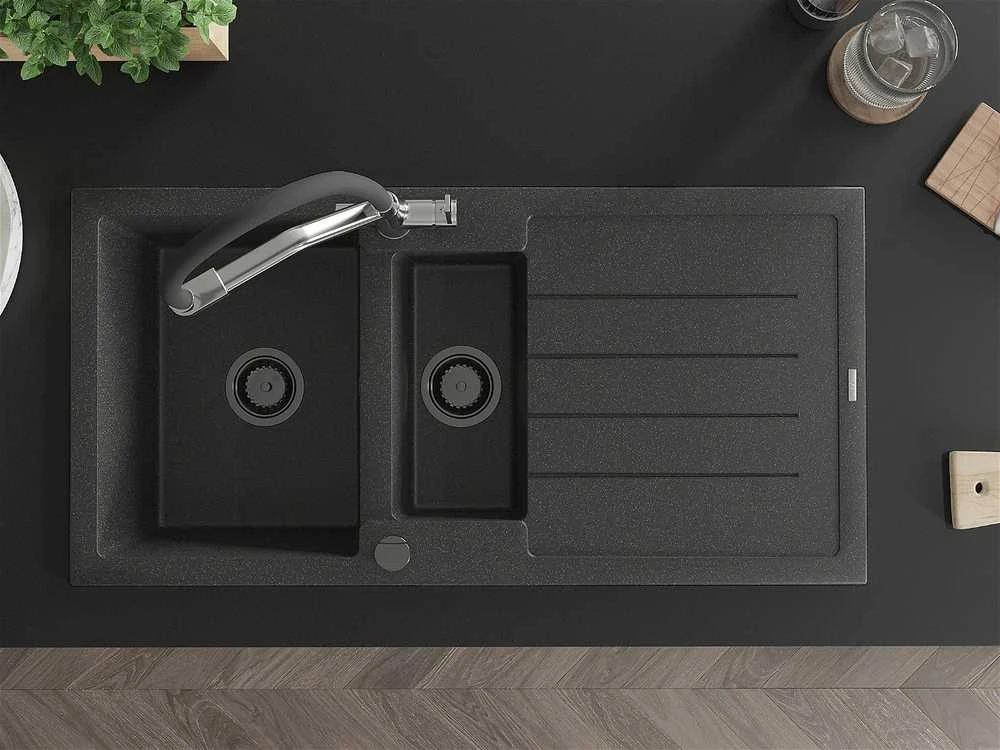 Granitinė virtuvinė plautuvė Mexen Andres su maišytuvu ir sifonu, Juodas granite+Juodas/Chrome