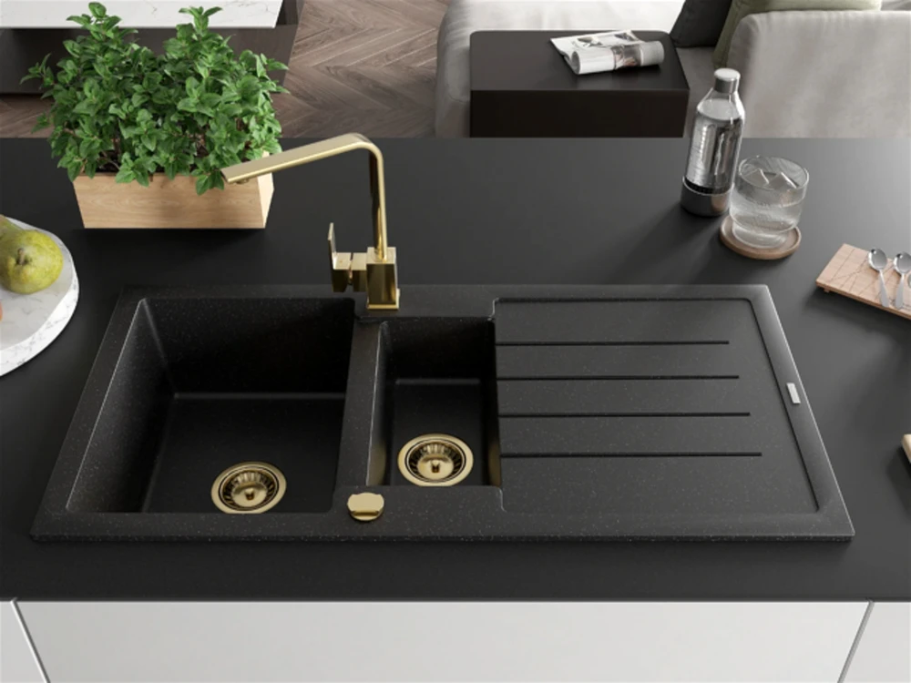 Granitinė virtuvinė plautuvė Mexen Andres su maišytuvu ir sifonu, Metallic juodas/sidabrinis+Gold