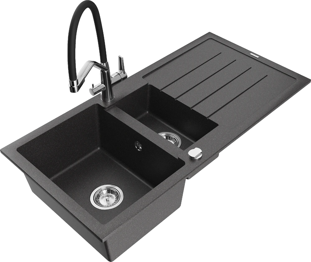 Granitinė virtuvinė plautuvė Mexen Andres su maišytuvu ir sifonu, Juodas granite+Juodas/Chrome