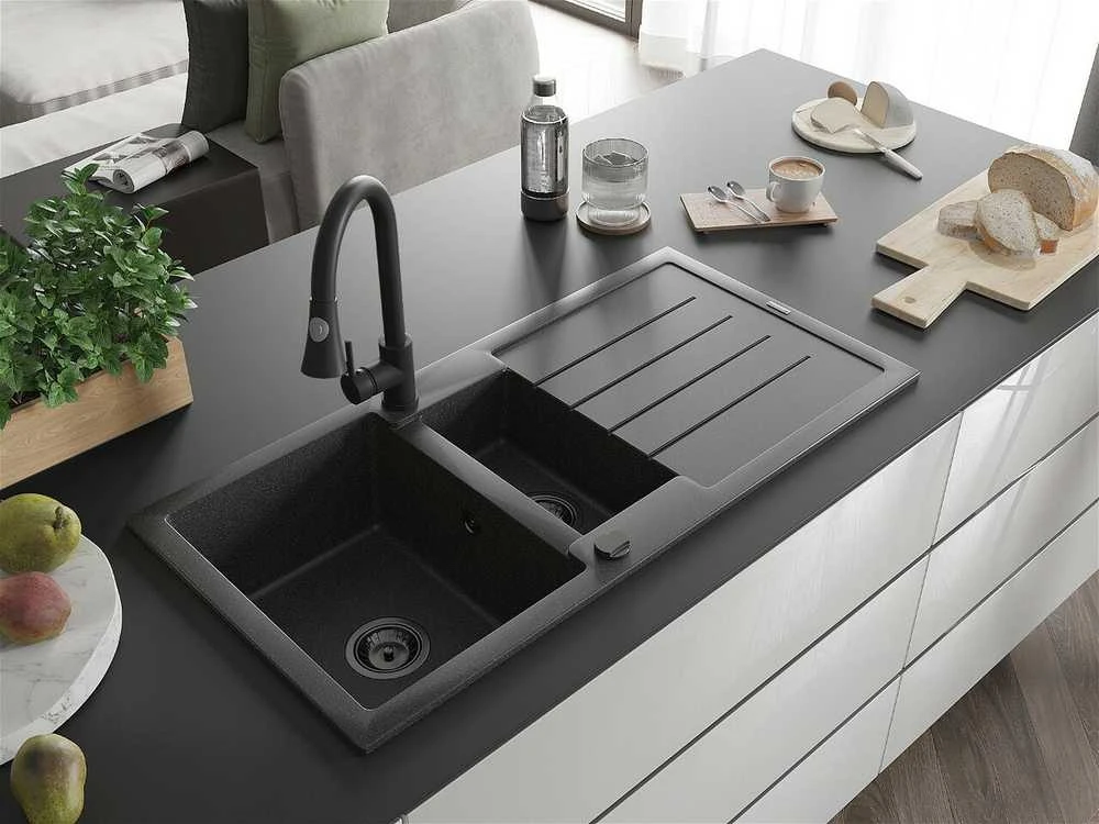 Granitinė virtuvinė plautuvė Mexen Andres su maišytuvu ir sifonu, Juodas granite+Juodas