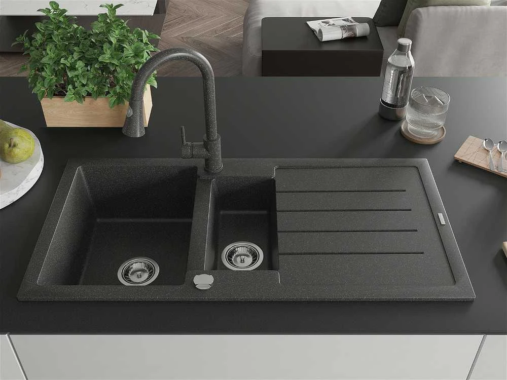 Granitinė virtuvinė plautuvė Mexen Andres su maišytuvu ir sifonu, Juodas granite