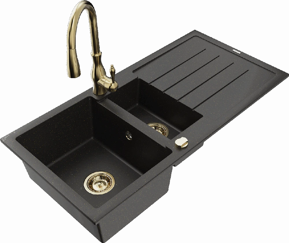 Granitinė virtuvinė plautuvė Mexen Andres su maišytuvu ir sifonu, Metallic juodas/auksinis+Gold