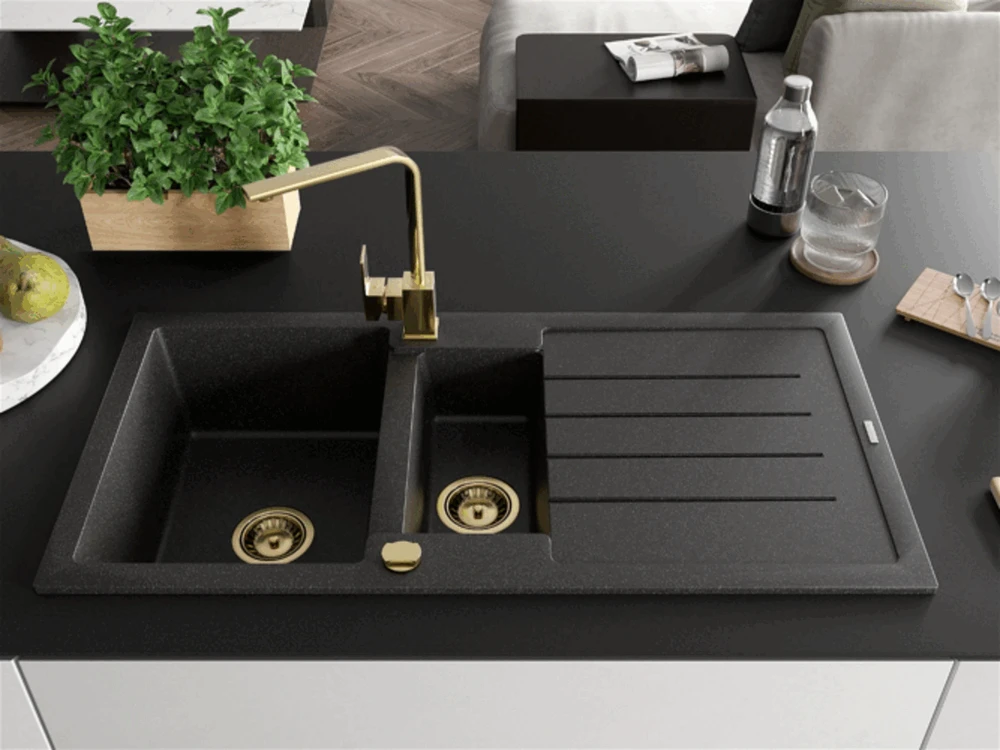 Granitinė virtuvinė plautuvė Mexen Andres su maišytuvu ir sifonu, Juodas granite+Gold
