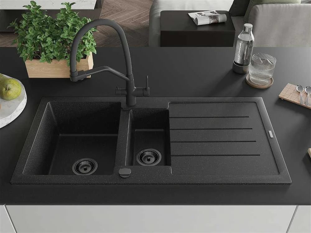 Granitinė virtuvinė plautuvė Mexen Andres su maišytuvu ir sifonu, Metallic juodas/sidabrinis+Juodas