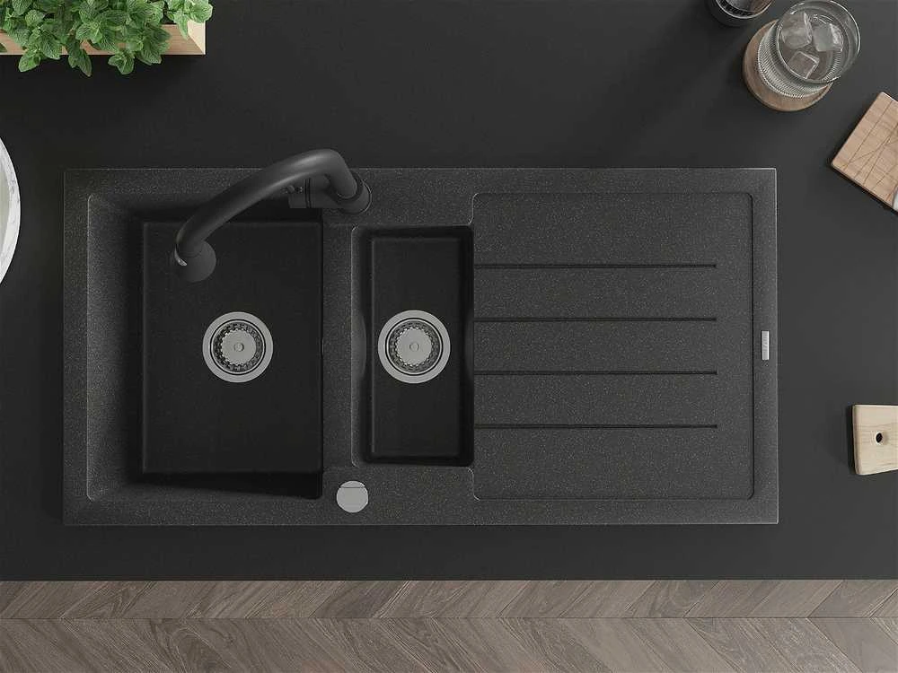 Granitinė virtuvinė plautuvė Mexen Andres su maišytuvu ir sifonu, Juodas granite+Juodas