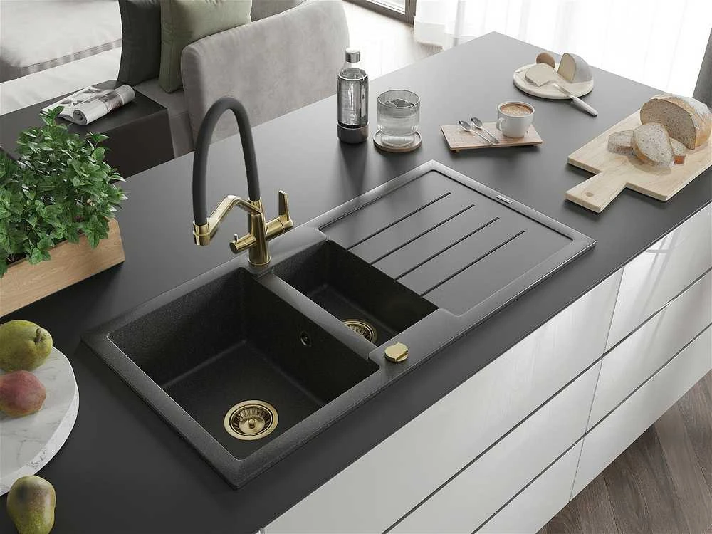 Granitinė virtuvinė plautuvė Mexen Andres su maišytuvu ir sifonu, Juodas granite+Juodas/Gold