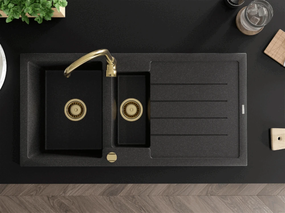 Granitinė virtuvinė plautuvė Mexen Andres su maišytuvu ir sifonu, Juodas granite+Gold