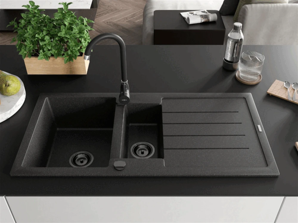 Granitinė virtuvinė plautuvė Mexen Andres su maišytuvu ir sifonu, Juodas granite+Juodas(B)