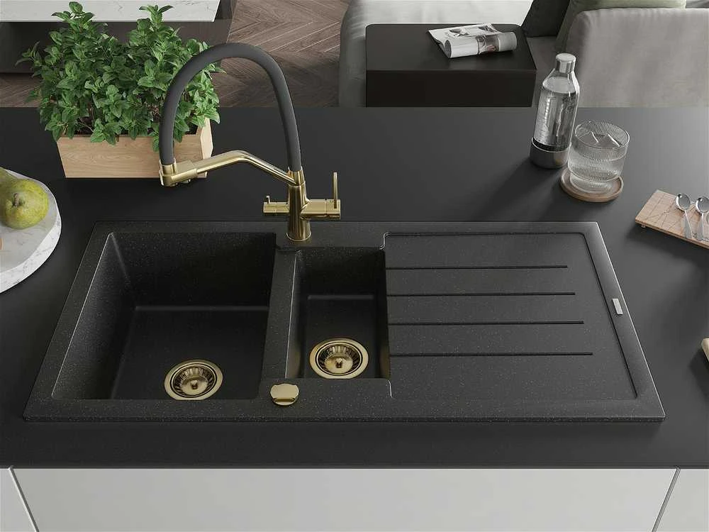 Granitinė virtuvinė plautuvė Mexen Andres su maišytuvu ir sifonu, Metallic juodas/sidabrinis+Juodas/Gold