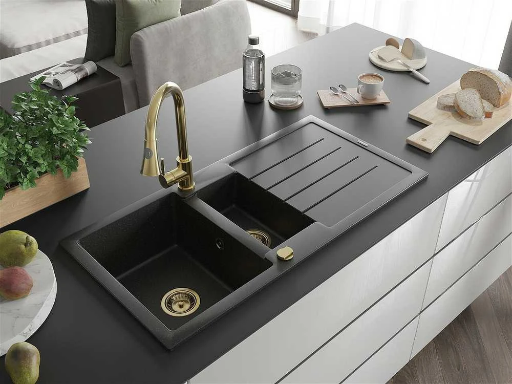 Granitinė virtuvinė plautuvė Mexen Andres su maišytuvu ir sifonu, Metallic juodas/sidabrinis+Gold