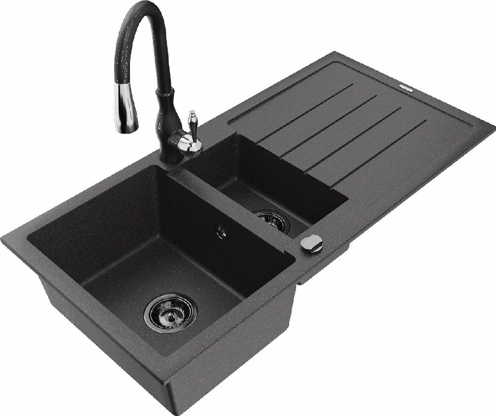 Granitinė virtuvinė plautuvė Mexen Andres su maišytuvu ir sifonu, Juodas granite+Juodas