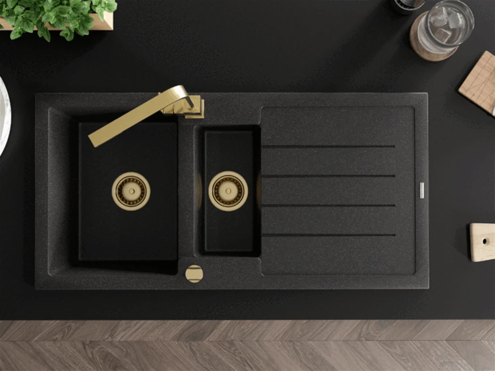Granitinė virtuvinė plautuvė Mexen Andres su maišytuvu ir sifonu, Juodas granite+Gold