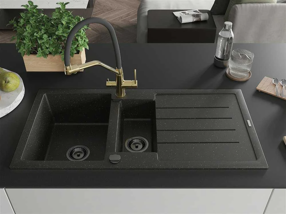 Granitinė virtuvinė plautuvė Mexen Andres su maišytuvu ir sifonu, Metallic juodas/auksinis+Juodas/Gold