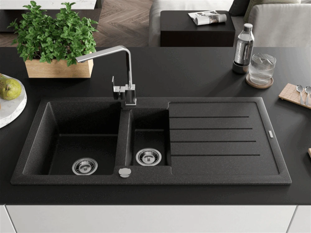 Granitinė virtuvinė plautuvė Mexen Andres su maišytuvu ir sifonu, Juodas granite+Chrome