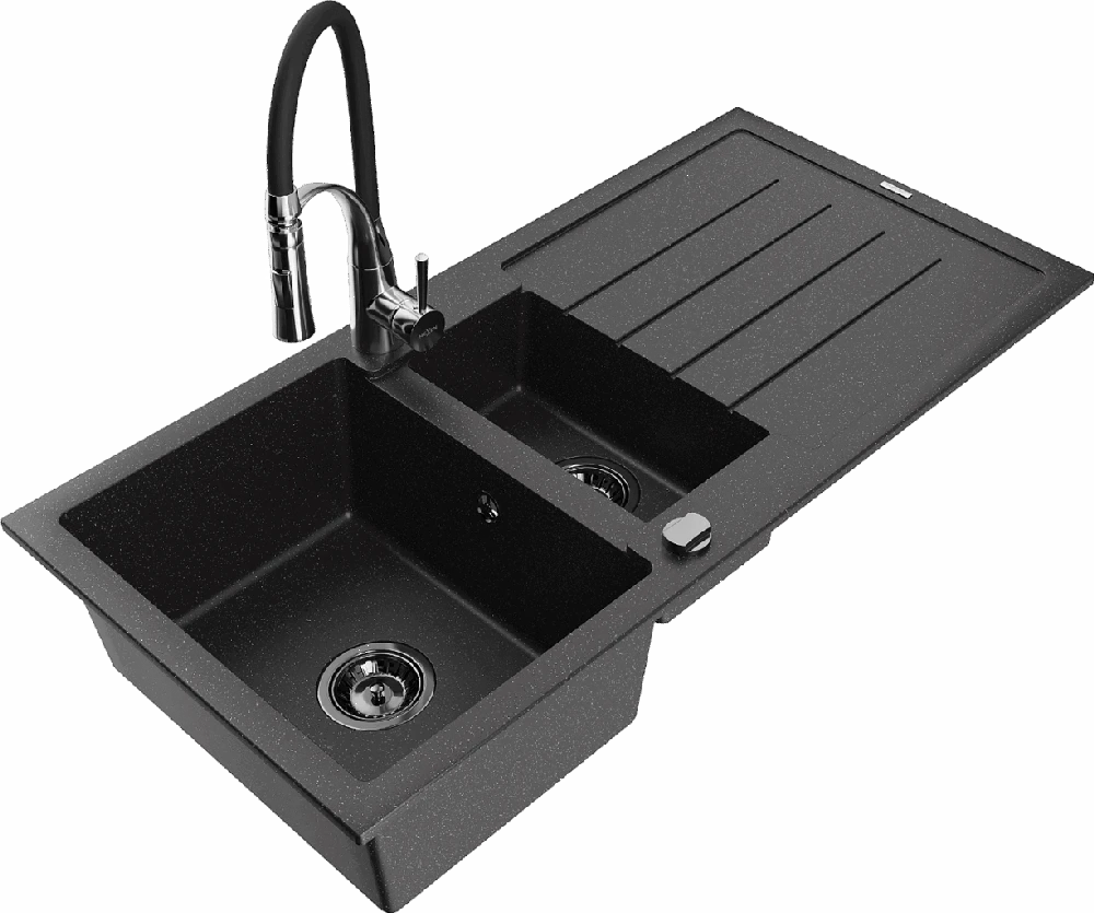 Granitinė virtuvinė plautuvė Mexen Andres su maišytuvu ir sifonu, Metallic juodas/sidabrinis+Juodas/Chrome